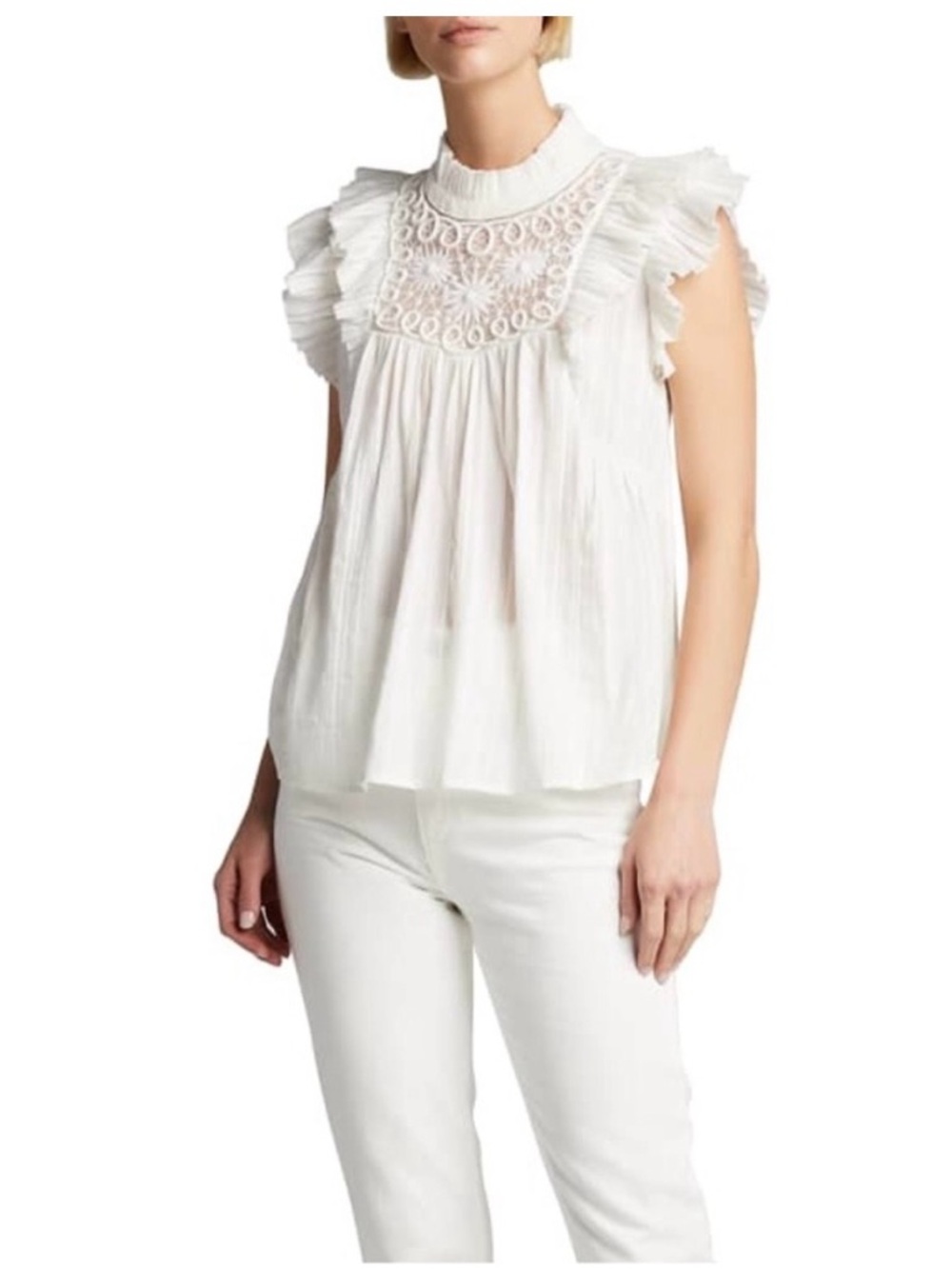 Sea New York White Sleeveless Lace Yoke Ruffle Top